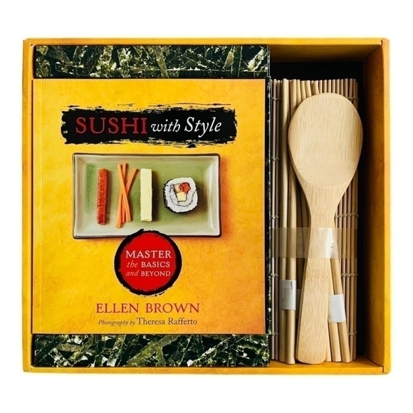 NIB Sushi With Style Book & Gift Set: Bamboo Mat, Chopsticks & Serving Paddle - Picture 2 of 3